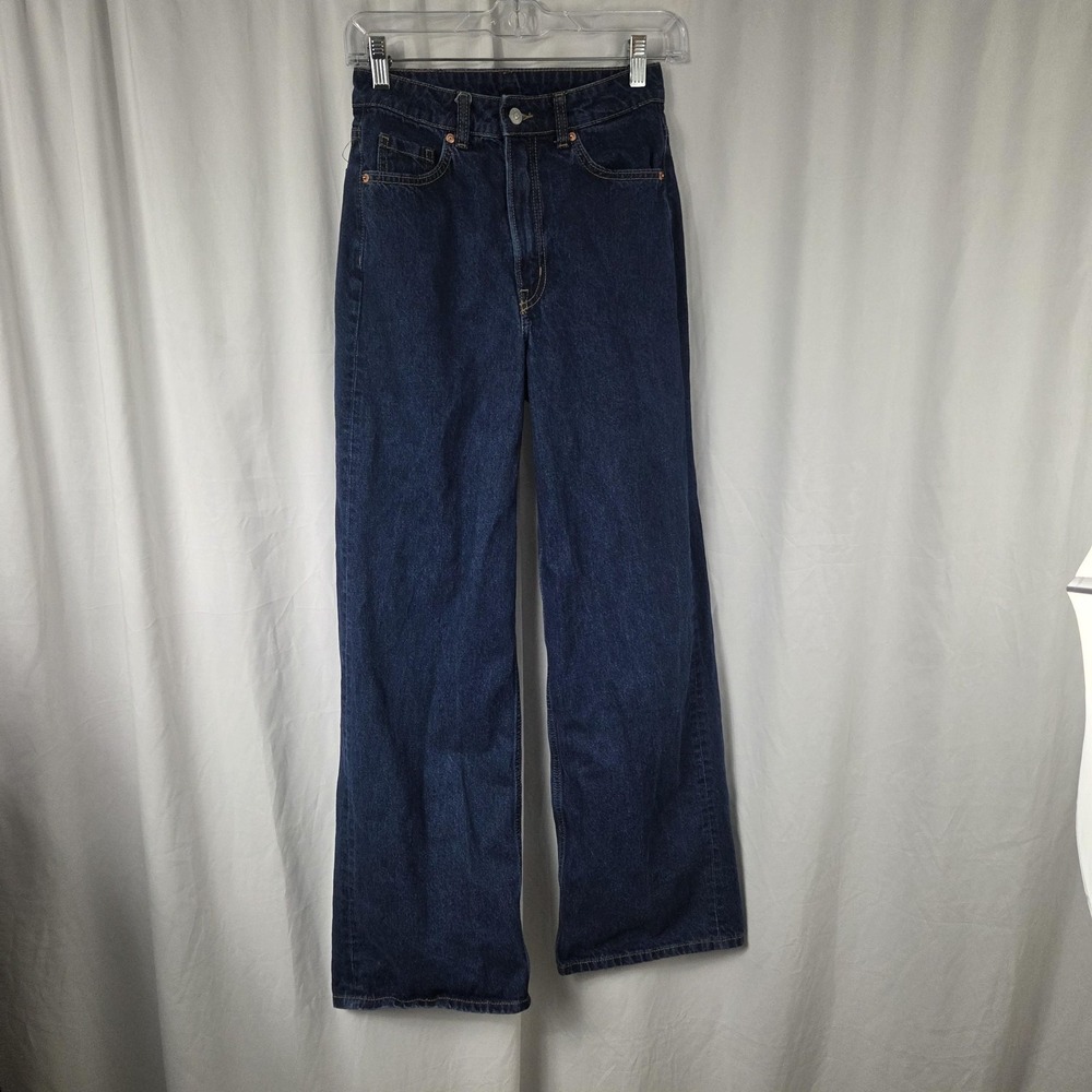 H&M Jeans Womens 2 Blue High Rise Straight Leg Dark Wash Distressed Denim